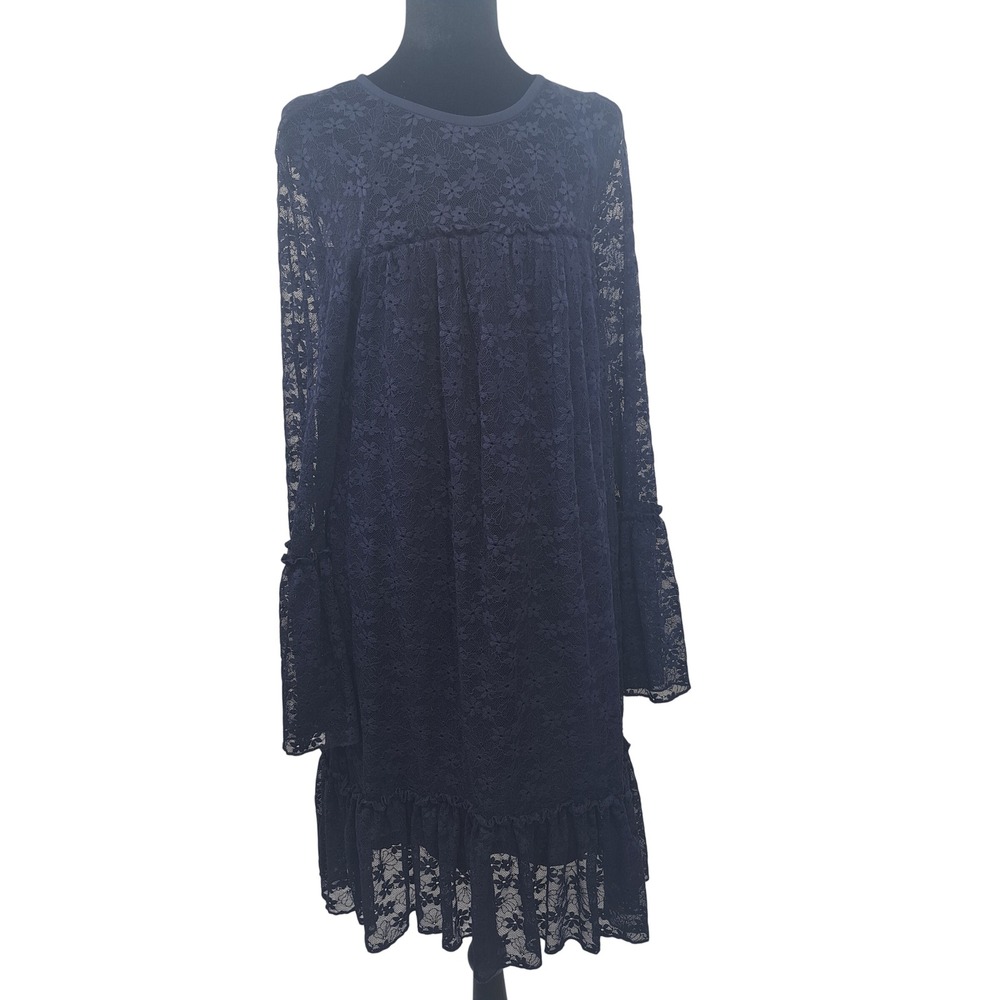 Michael Kors Navy Blue Floral Lace Ruffle Bell Sleeve Shift Dress Boho Romantic